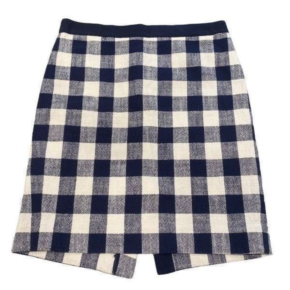 J. Crew Size 4 Navy Blue & White Gingham Check Pencil Skirt Lightweight Small
